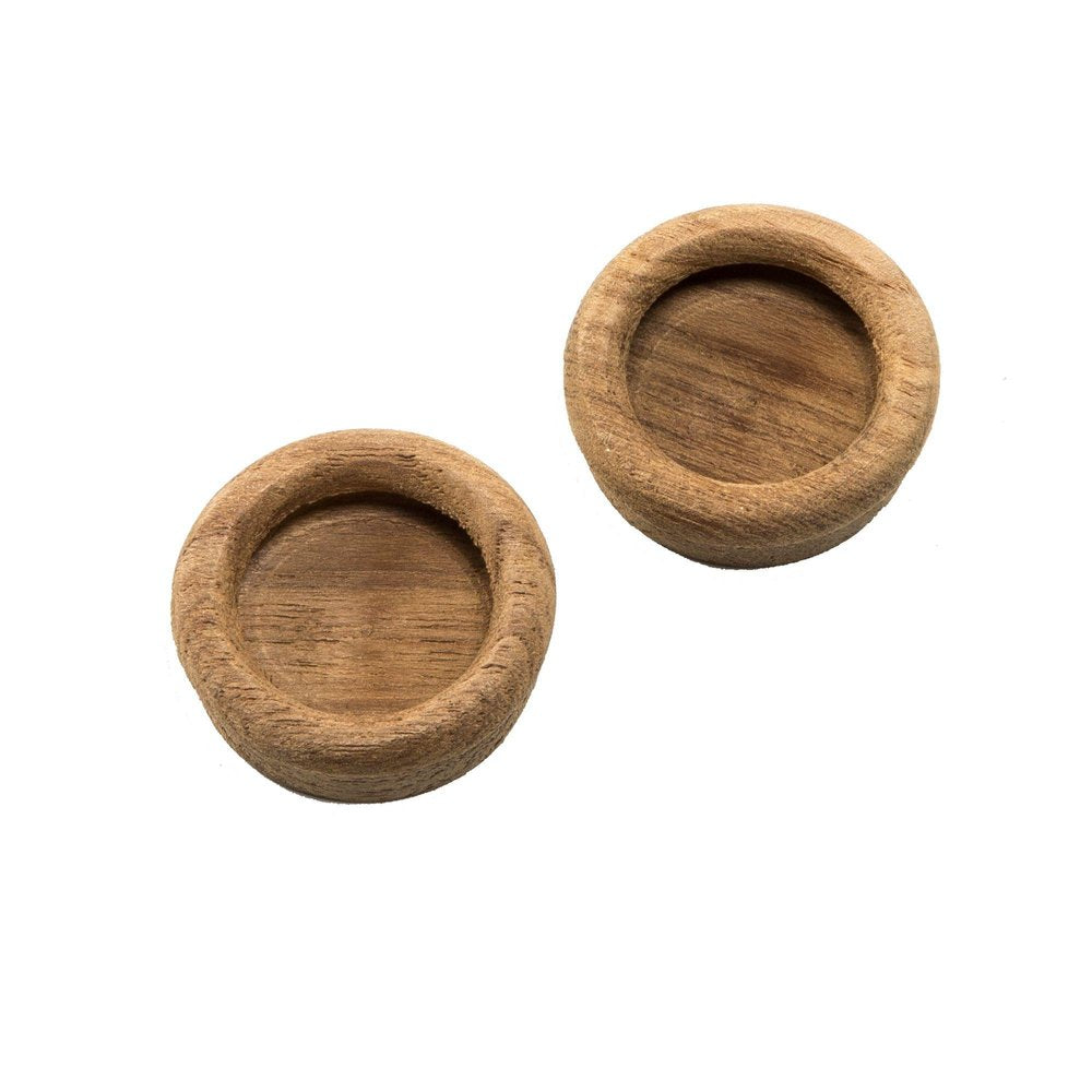 Two round brown wooden drawer pull knobs on a white background.
