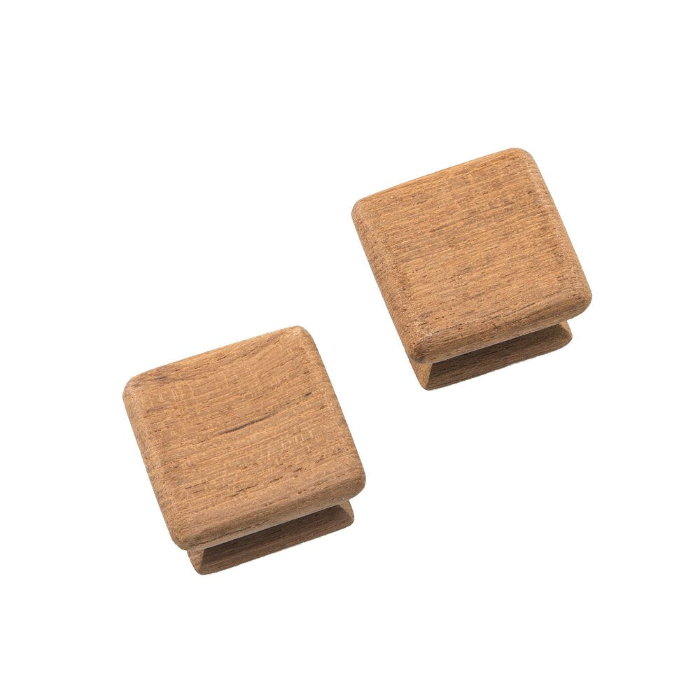 Two brown wood square drawer pull knobs on a white background.