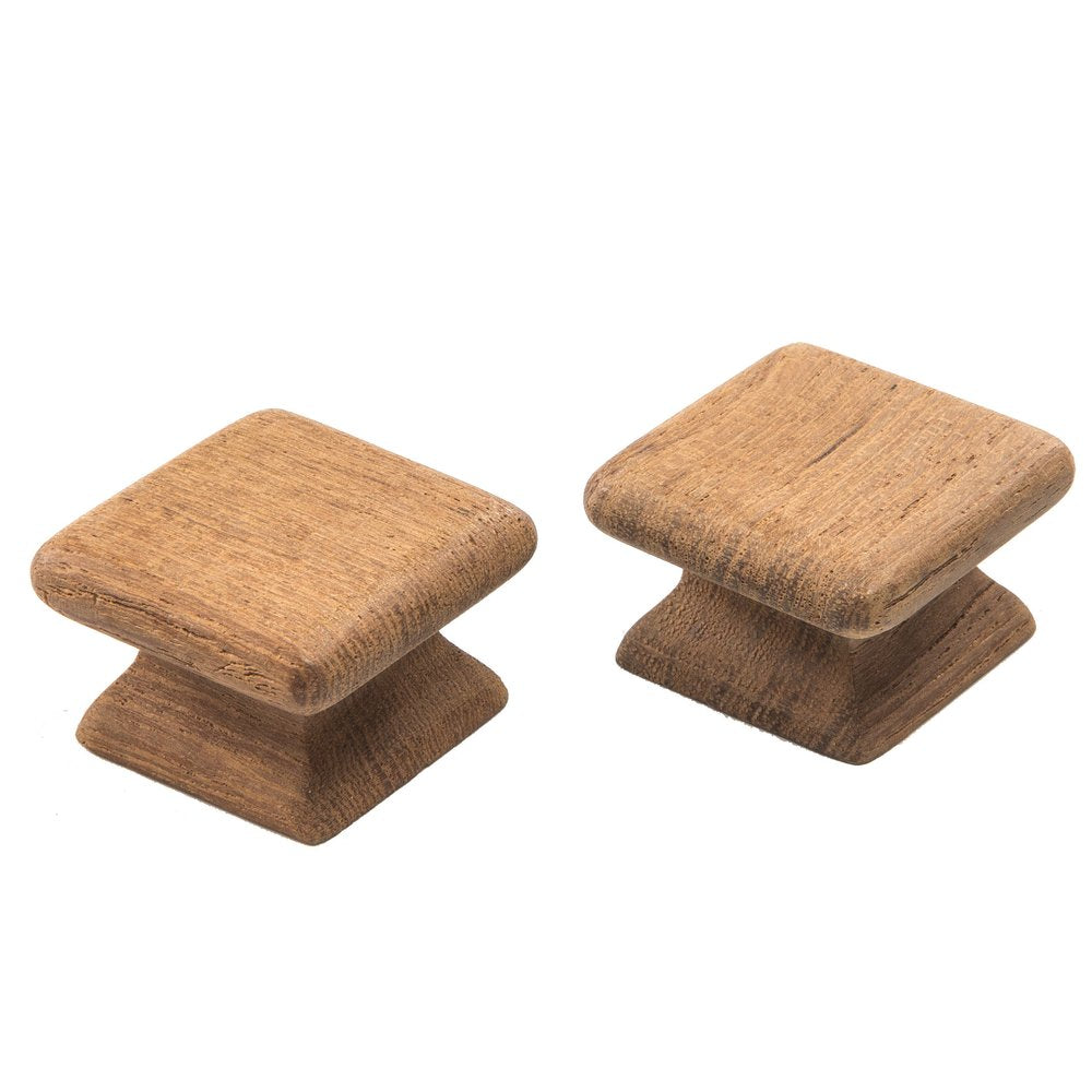Set of Two Brown Wood Square Drawer Pull Knobs on a white background