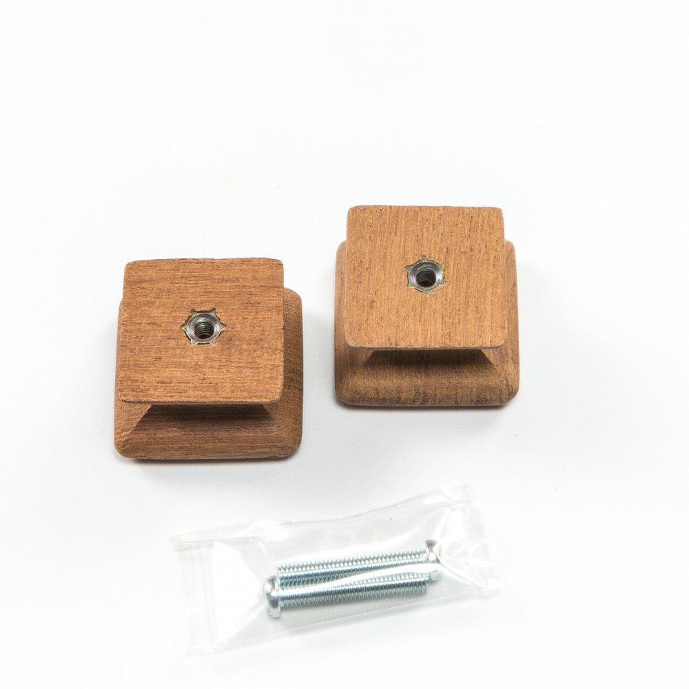 Set of Two Brown Wood Square Drawer Pull Knobs on a white background