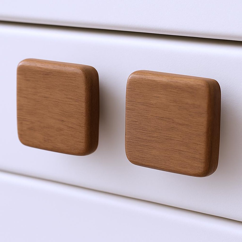 Set of Two Brown Wood Square Drawer Pull Knobs on a white background