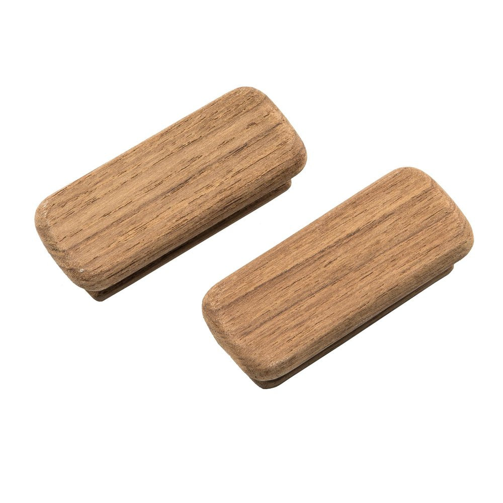 Two brown teak wood drawer pull knobs on a white background.