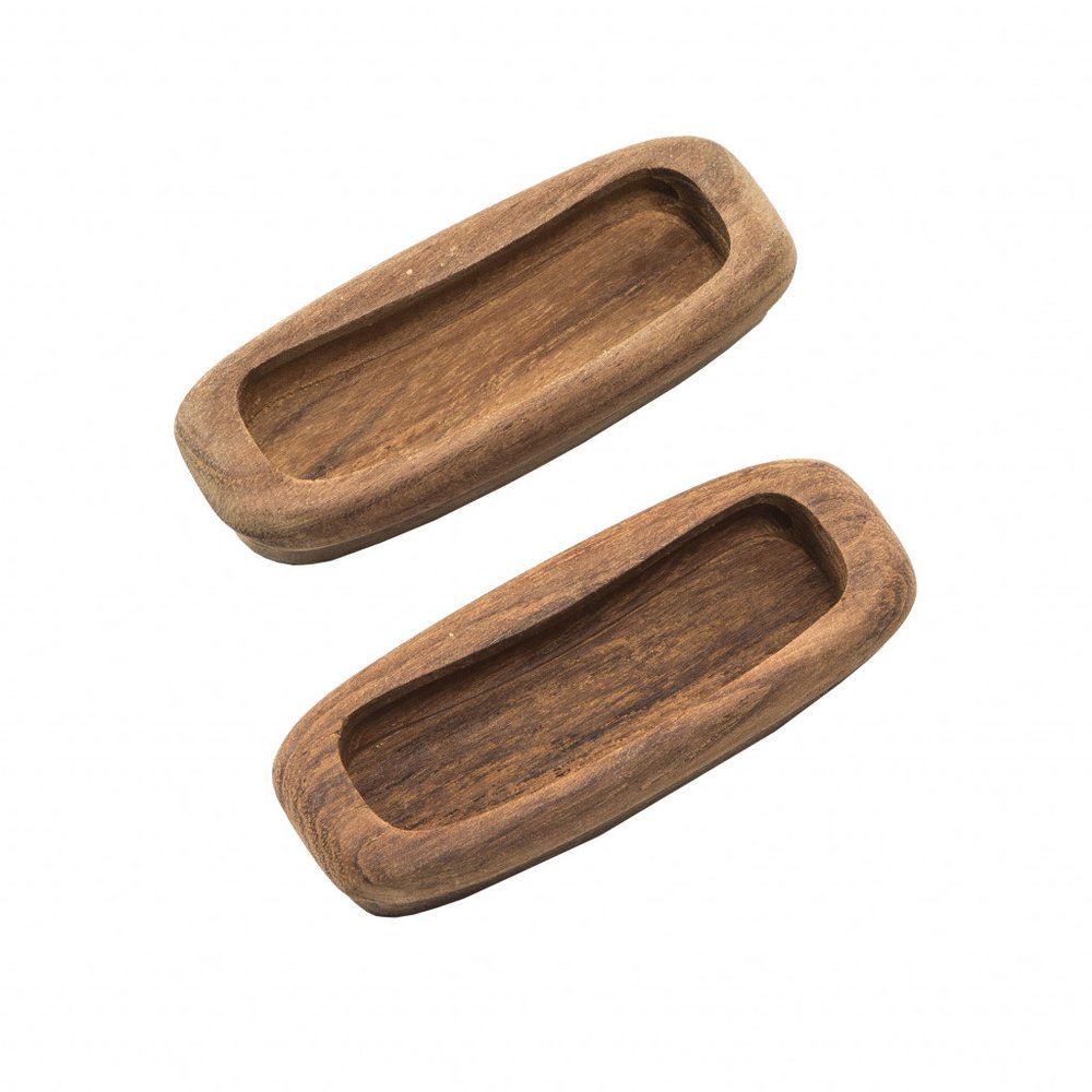 Set of two oval brown teak wood drawer pull knobs on a white background.