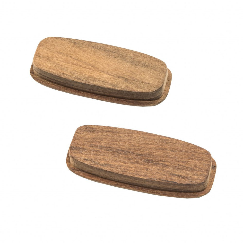 Set of Two Brown Teak Wood Drawer Pull Knobs - 0.5" H x 3.25" W x 1.25" D