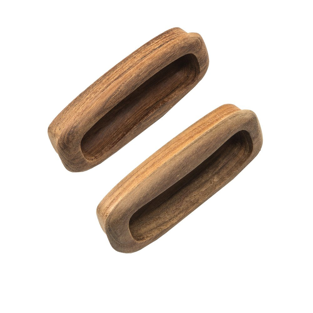 Set of Two Brown Teak Wood Drawer Pull Knobs - 0.5" H x 3.25" W x 1.25" D