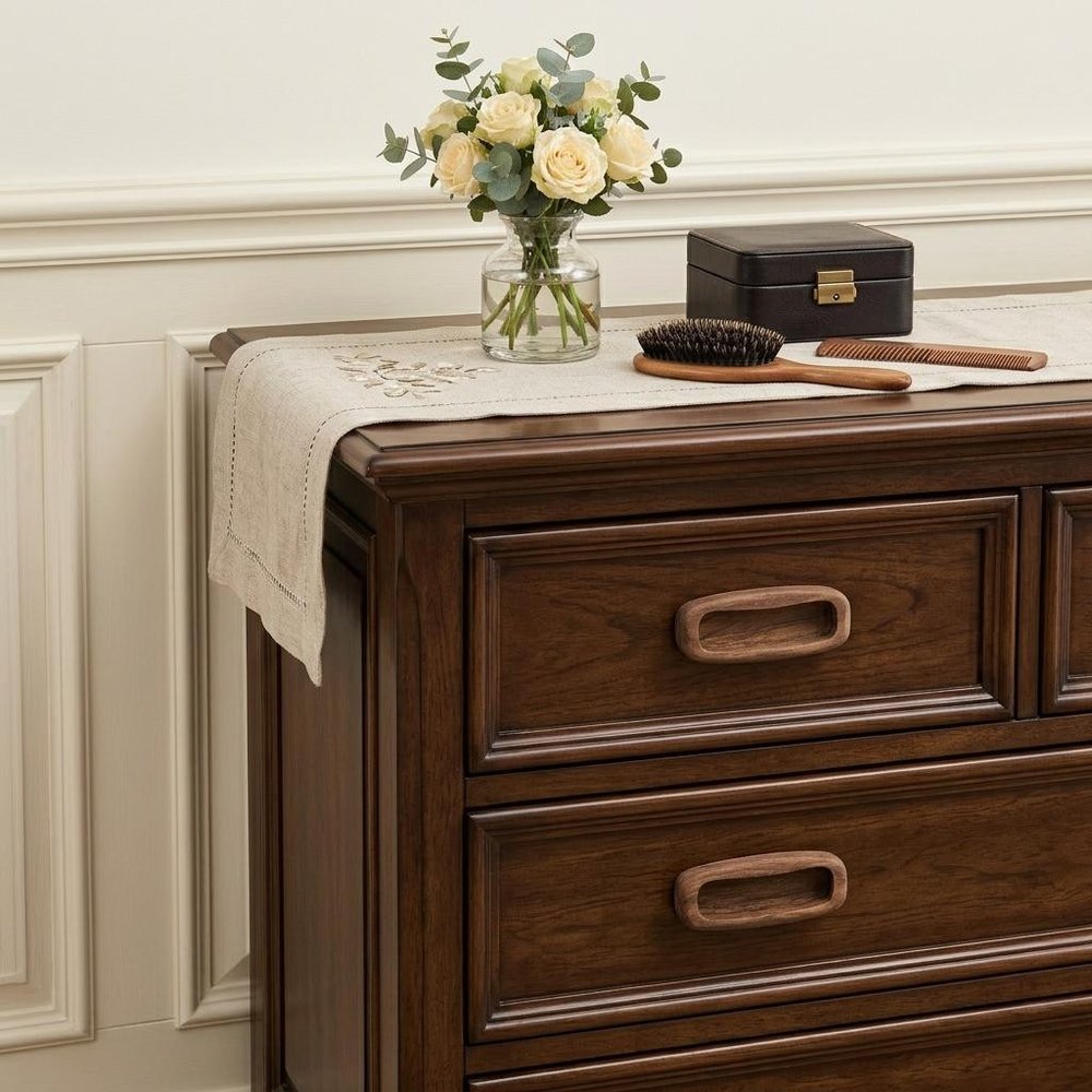 Set of Two Brown Teak Wood Drawer Pull Knobs - 0.5" H x 3.25" W x 1.25" D