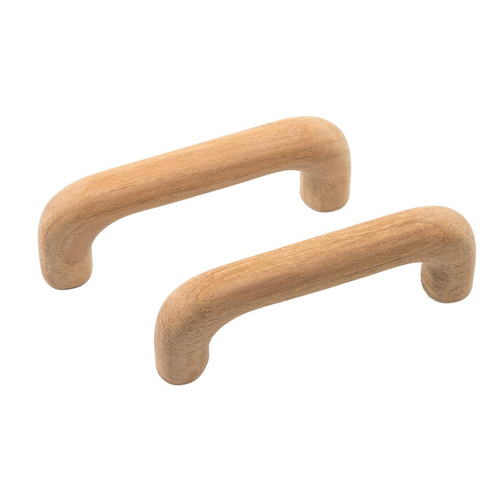 Two brown wood C-shaped drawer pull knobs on a white background.