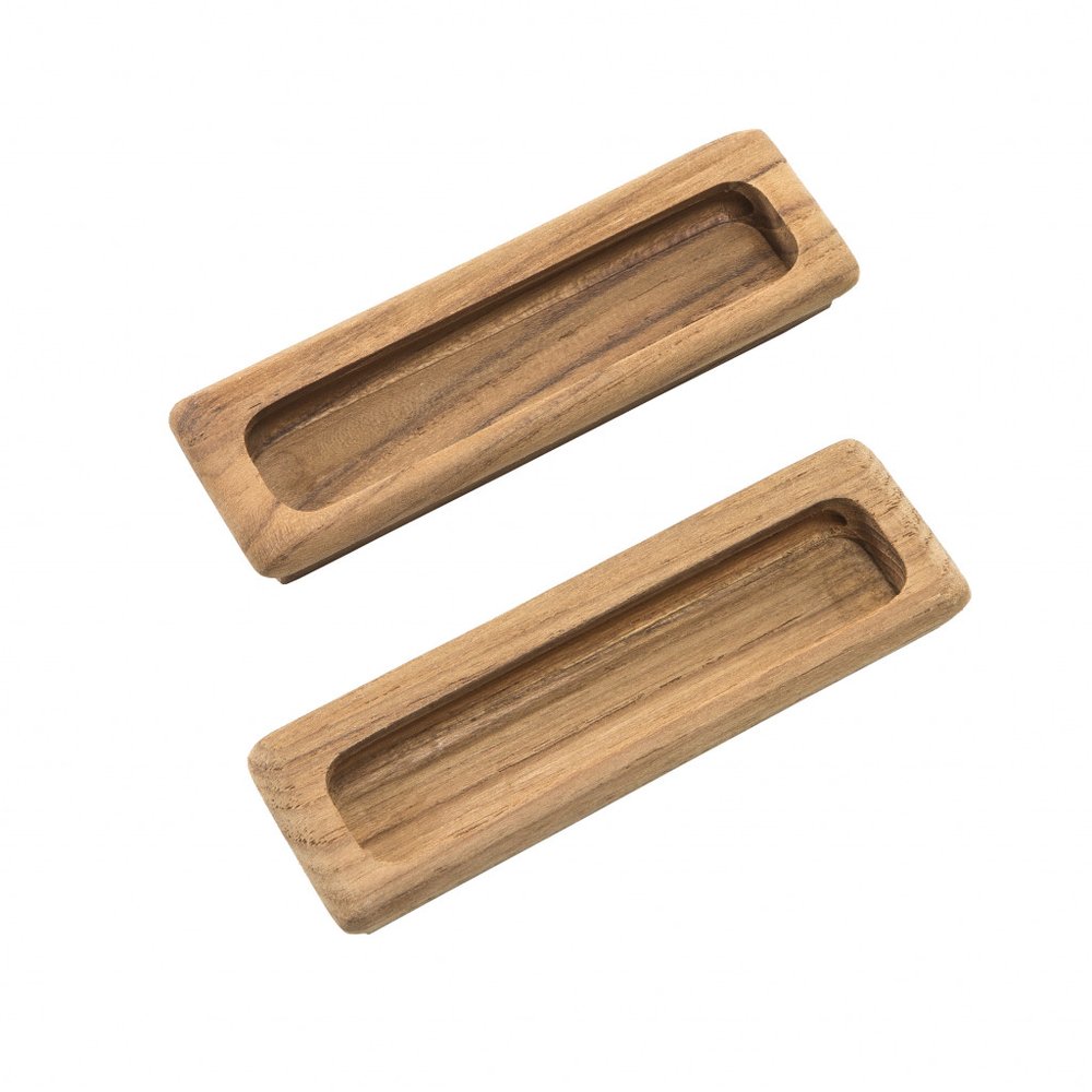 Two rectangular brown teak wood drawer pull knobs on a white background.