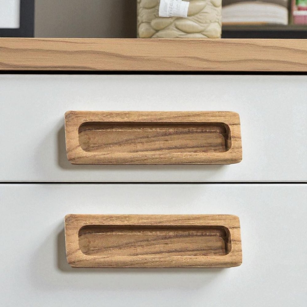 Set of Two Brown Teak Wood Drawer Pull Knobs - 0.5" H x 4.5" W x 1.25" D