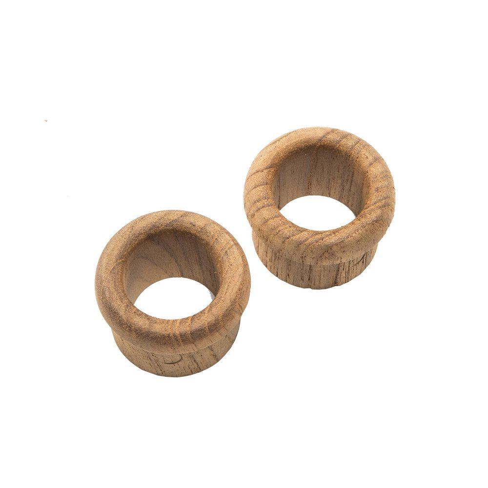 Two brown wooden open circle drawer pull knobs on a white background.
