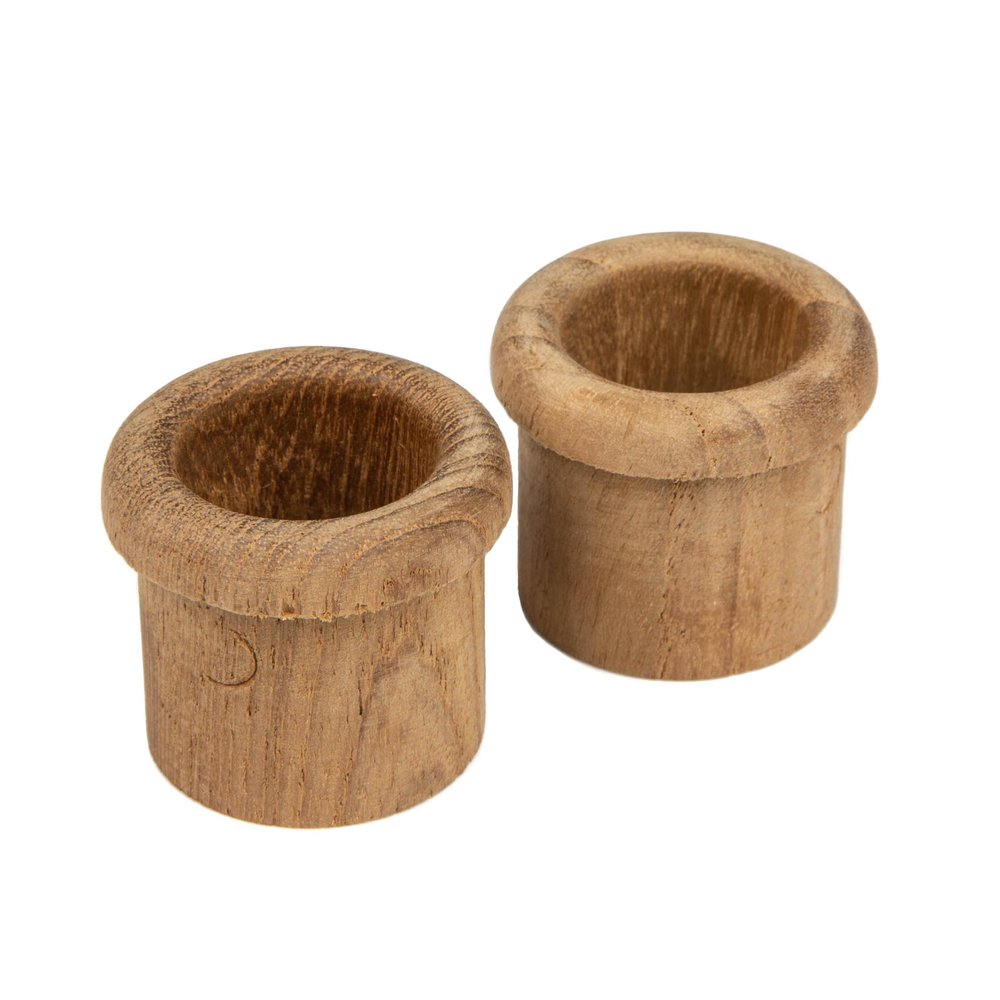 Two brown wooden open circle drawer pull knobs on a white background.