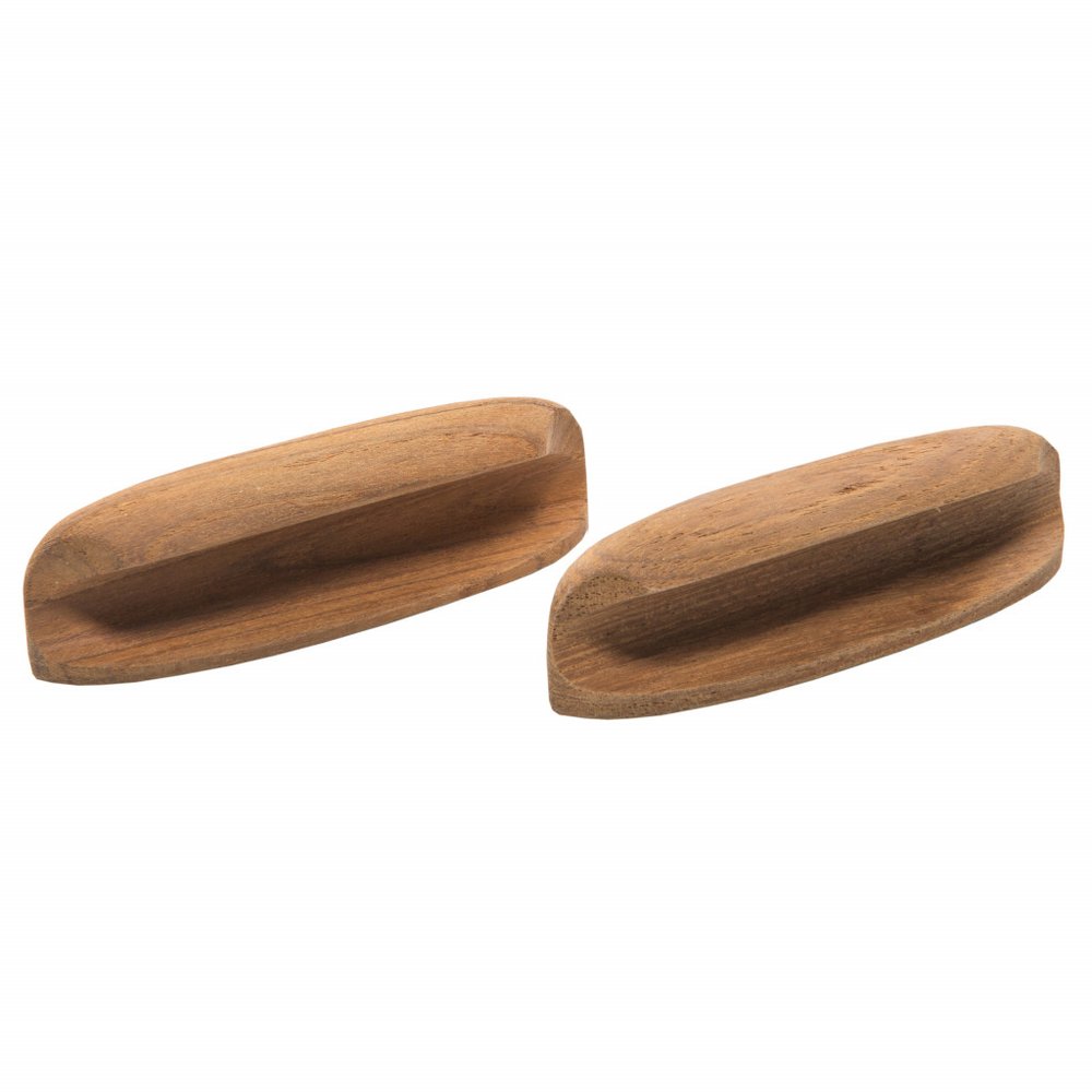 Two brown wooden oval drawer pull knobs on a white background.