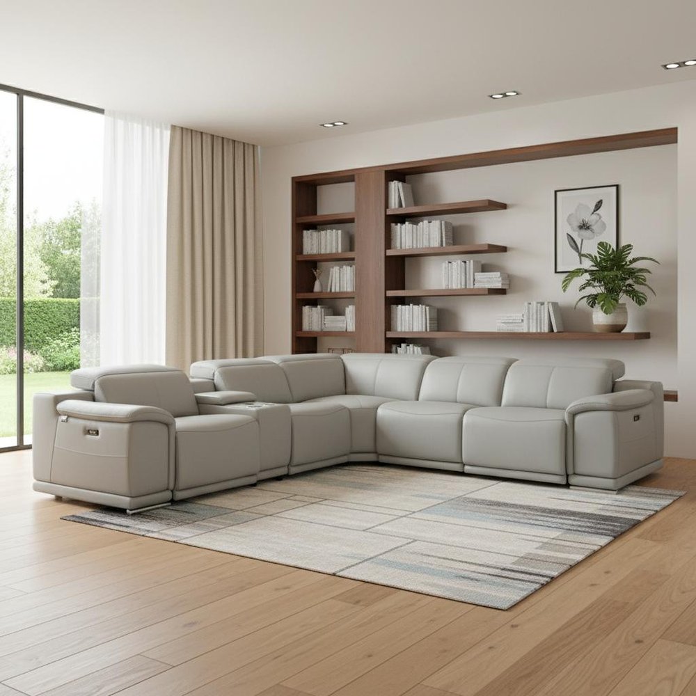 Light Gray Italian Leather Power Reclining U Shaped Six Piece Corner Sectional With Console