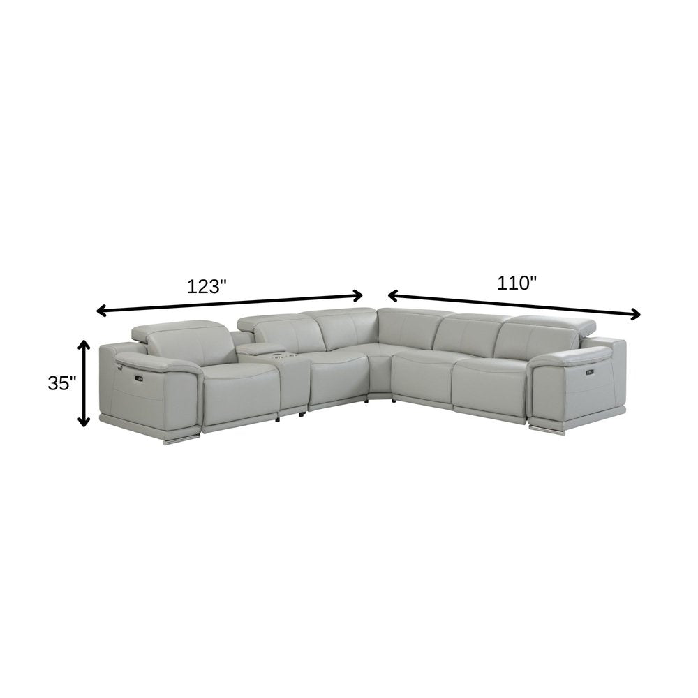 Light Gray Italian Leather Power Reclining U Shaped Six Piece Corner Sectional With Console