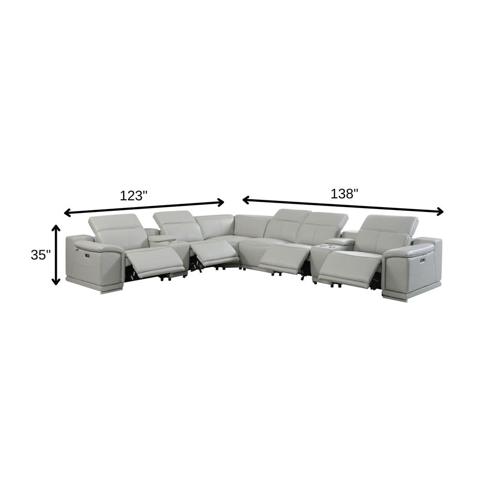 Light Gray Italian Leather Power Reclining U Shaped Eight Piece Corner Sectional With Console