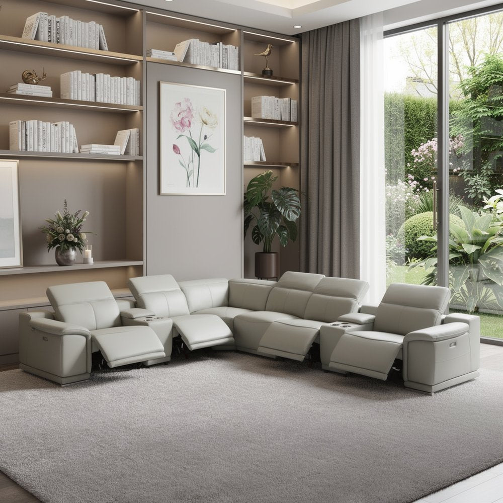 Light Gray Italian Leather Power Reclining U Shaped Eight Piece Corner Sectional With Console