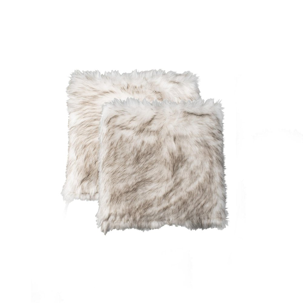 Set of Two 17" Ivory and Brown Faux Fur Dining Chair Pads on a white background