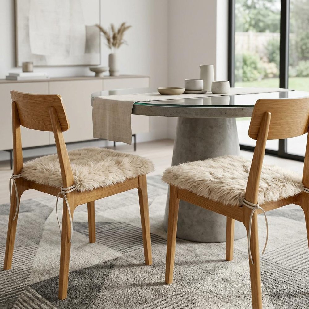 Set Of Two 17" X 17" Taupe Faux Fur Solid Color Dining Chair Pads in a home interior