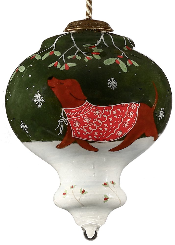 Trotting Dog in Comfy Christmas Attire Hand Painted Mouth Blown Glass Ornament on a white background