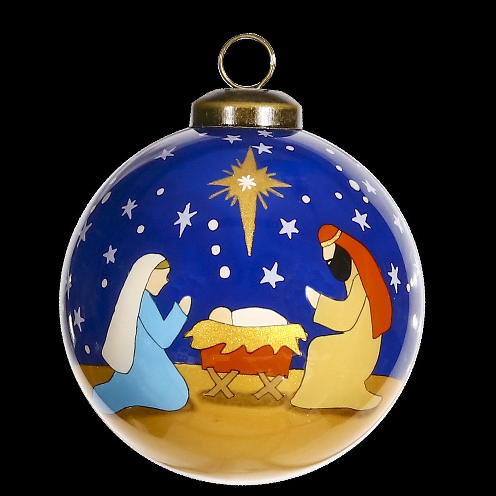 Hand-painted glass Christmas ornament depicting the Nativity scene with Mary, Joseph, and baby Jesus under a star.