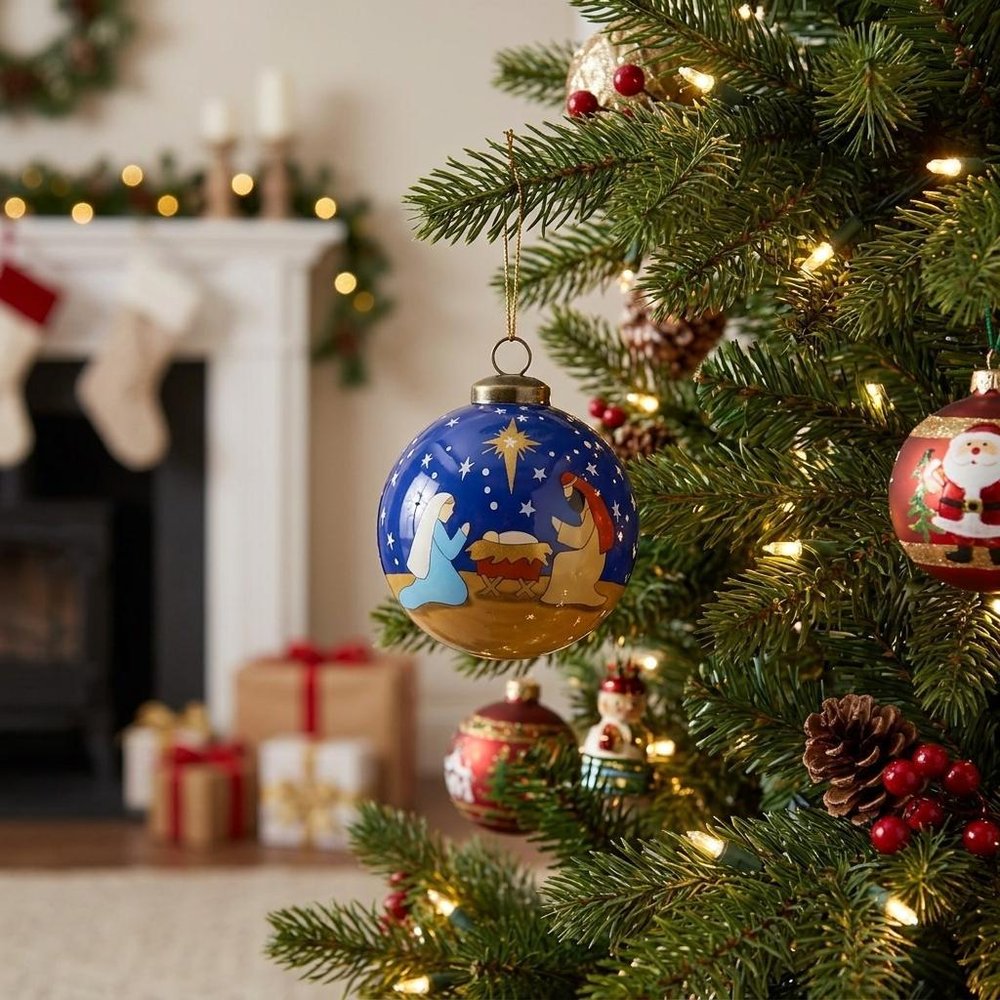 Silent Night Hand Painted Mouth Blown Glass Ornament in a home interior
