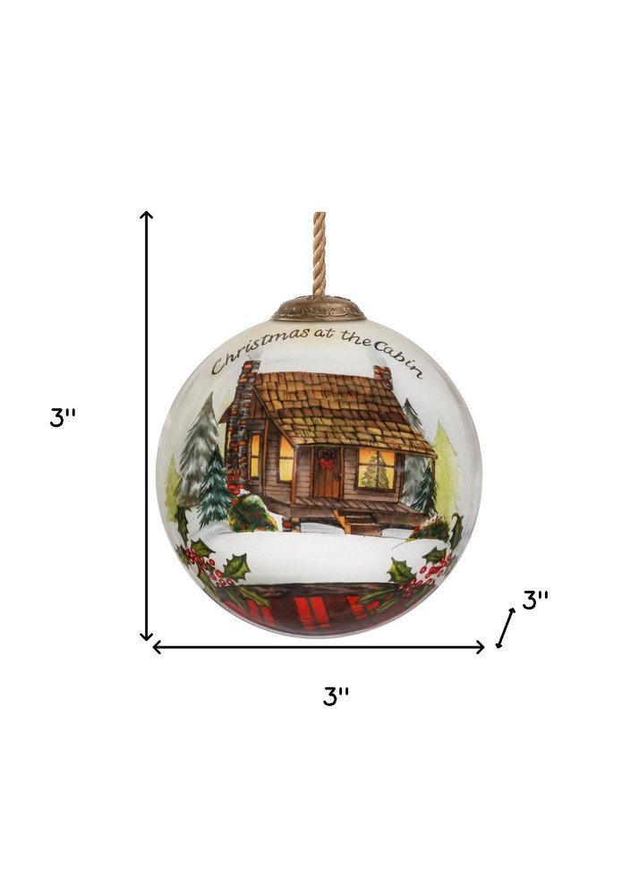 Vintage Christmas at the Cabin Hand Painted Mouth Blown Glass Ornament on a white background
