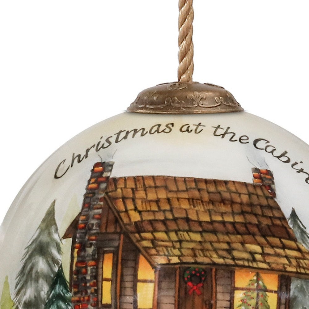 Vintage Christmas at the Cabin Hand Painted Mouth Blown Glass Ornament on a white background