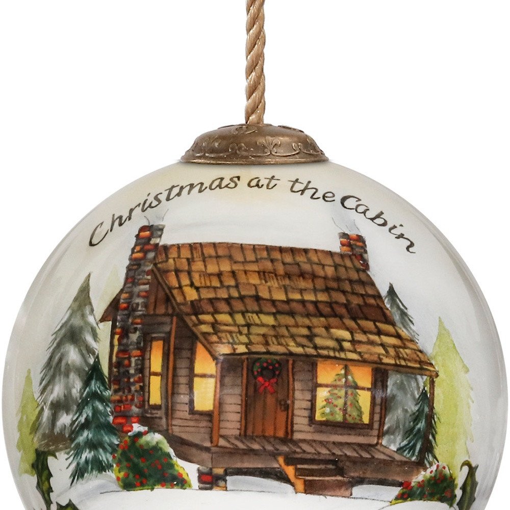 Vintage Christmas at the Cabin Hand Painted Mouth Blown Glass Ornament on a white background