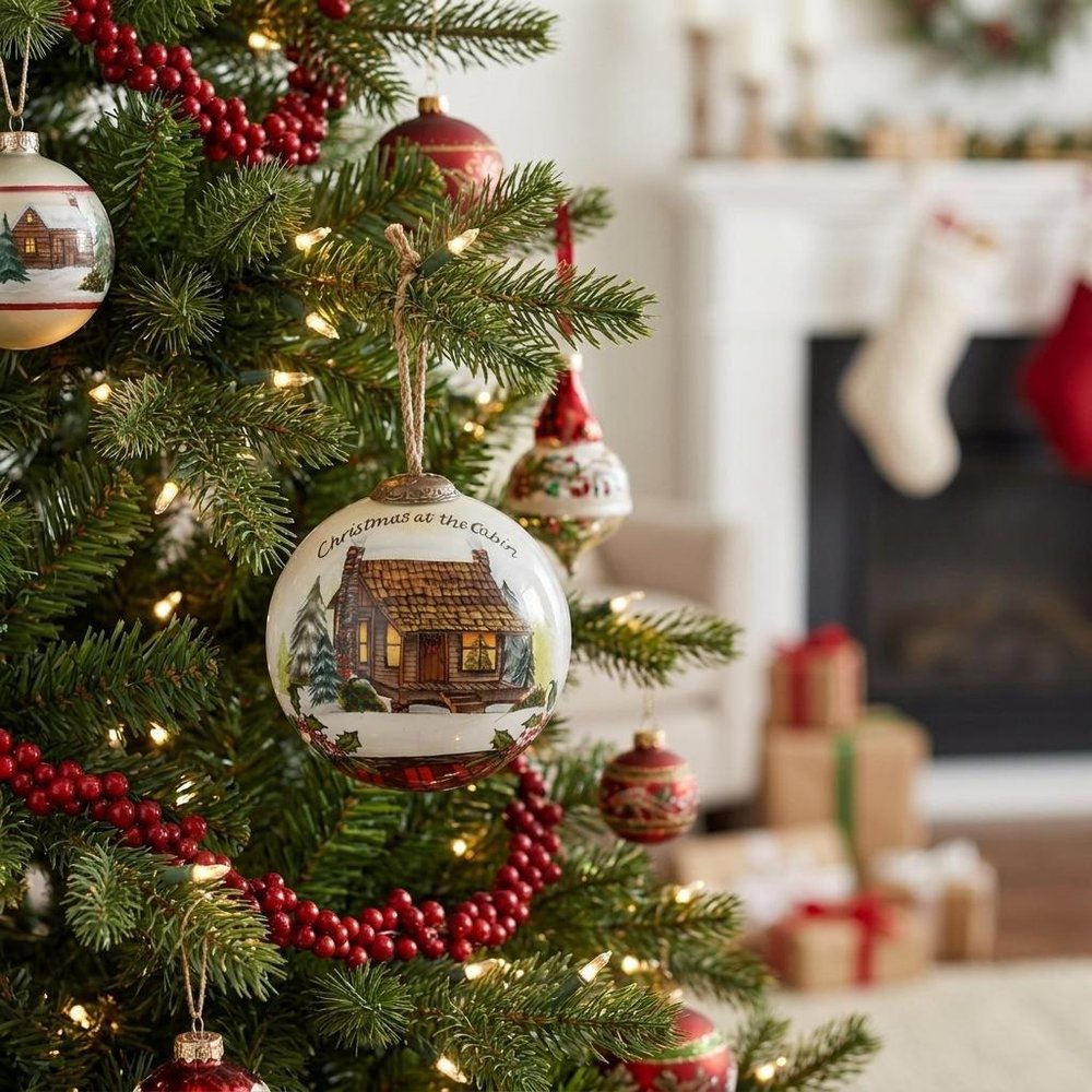 Vintage Christmas at the Cabin Hand Painted Mouth Blown Glass Ornament in a home interior
