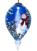 Starry Heaven and Snowman Hand Painted Mouth Blown Glass Ornament on a white background