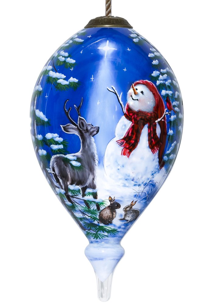 Hand-painted glass Christmas ornament depicting a snowman, deer, and rabbits under a starry sky with snow-covered trees.