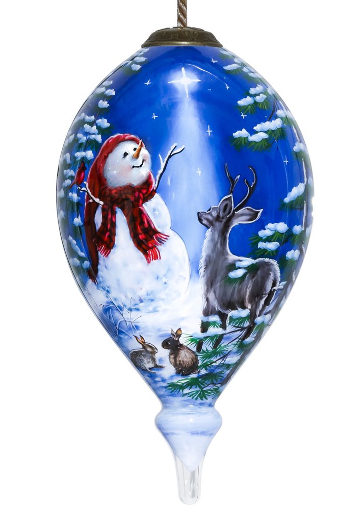 Starry Heaven and Snowman Hand Painted Mouth Blown Glass Ornament on a white background