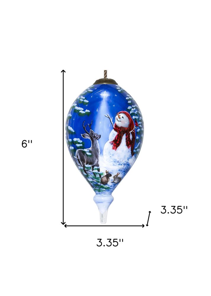 Starry Heaven and Snowman Hand Painted Mouth Blown Glass Ornament on a white background