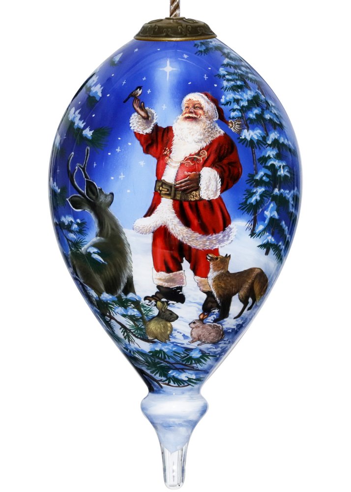 Hand-painted glass Christmas ornament featuring Santa with woodland animals under a starry sky.