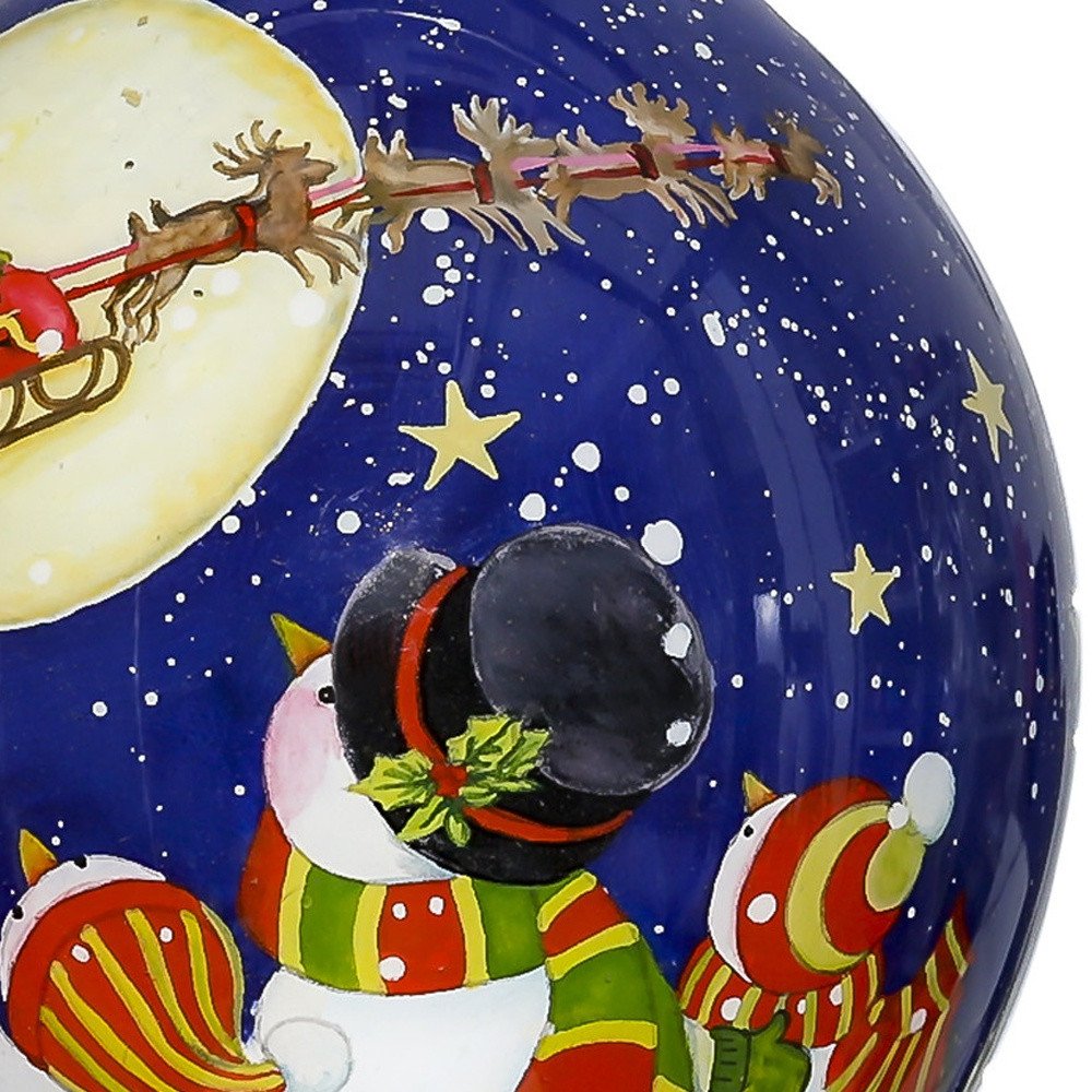 Snowmen Family Watching Santa on a Sleigh Hand Painted Mouth Blown Glass Ornament close-up detail