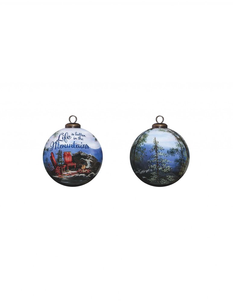 Two hand-painted glass ornaments, one with a mountain scene and text, the other with a forest scene.