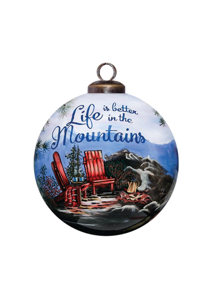 Scenic Life is Better in the Mountains Hand Painted Mouth Blown Glass Ornament on a white background