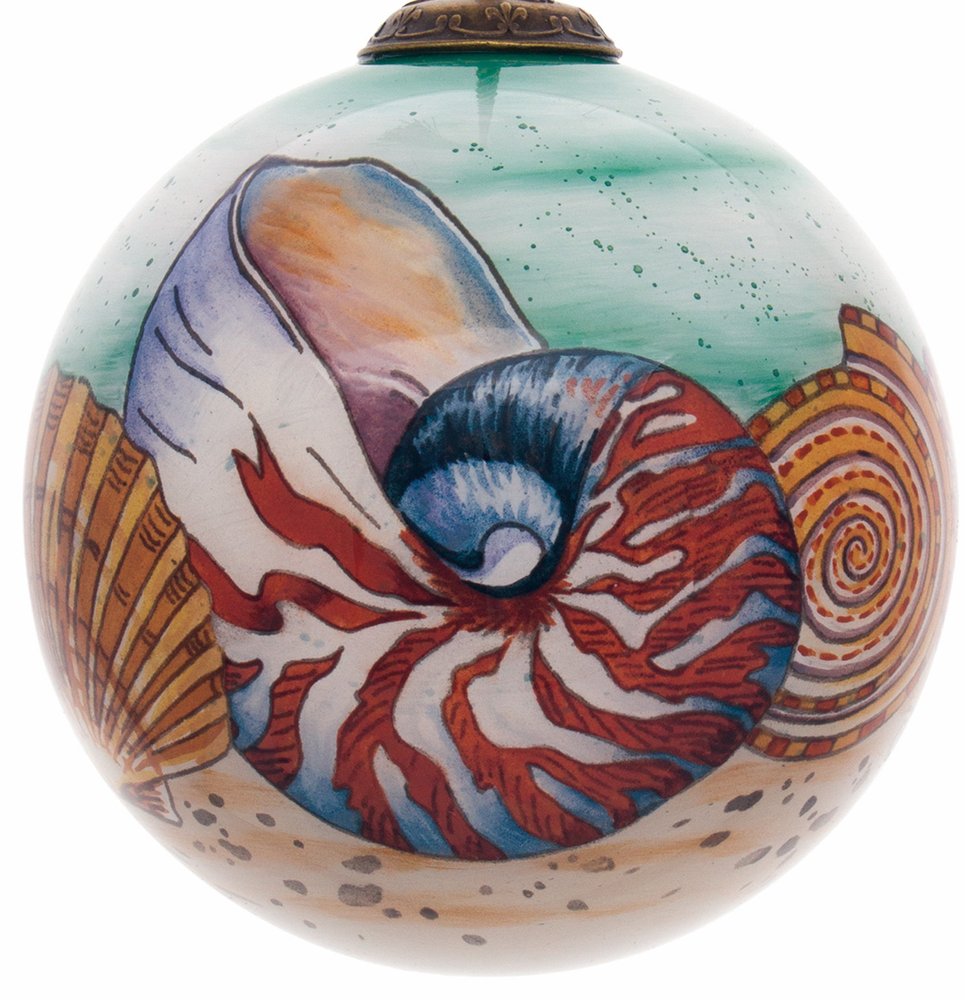 Sea Shell Hand Painted Mouth Blown Glass Ornament on a white background