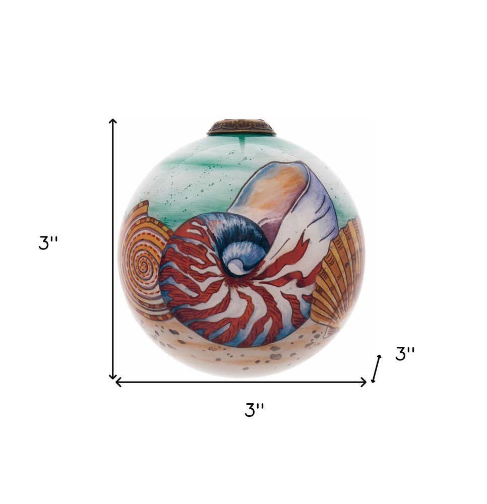 Sea Shell Hand Painted Mouth Blown Glass Ornament on a white background