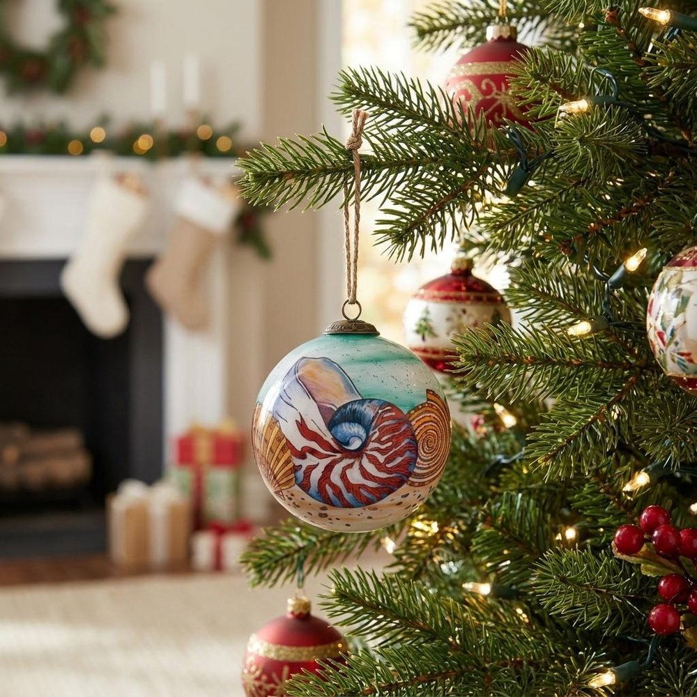 Sea Shell Hand Painted Mouth Blown Glass Ornament in a home interior