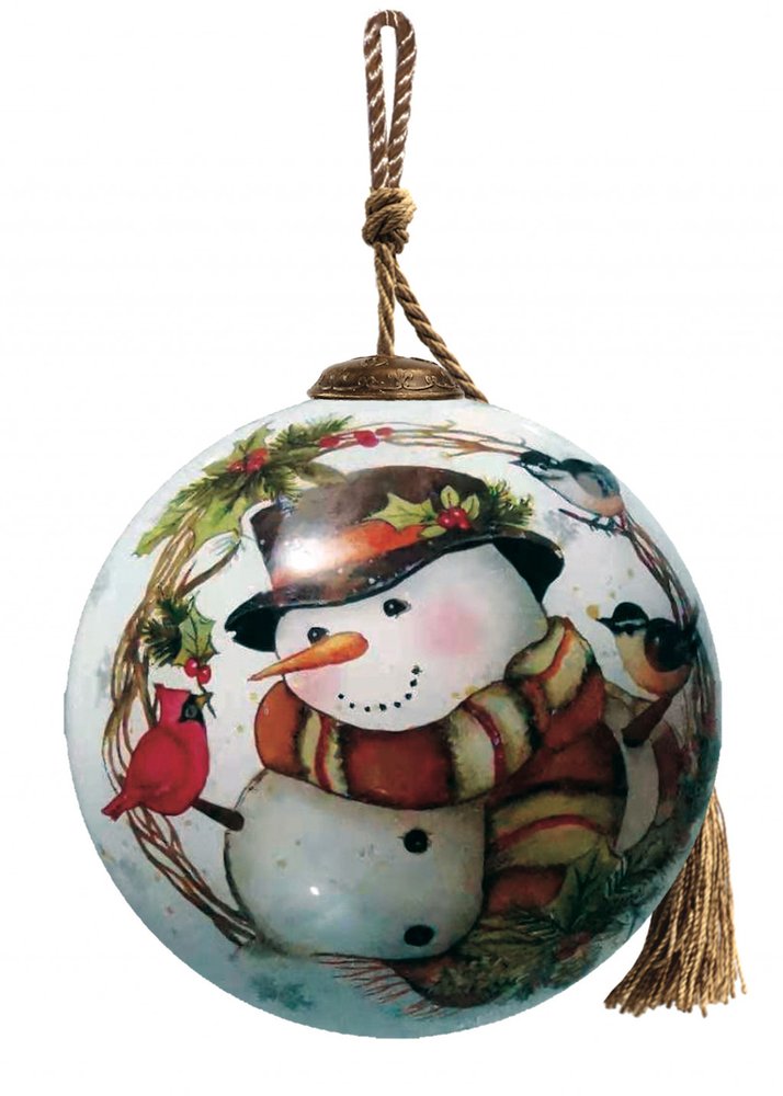 Hand-painted glass Christmas ornament featuring a snowman with birds and a cardinal, with a gold tassel and rope hanger.