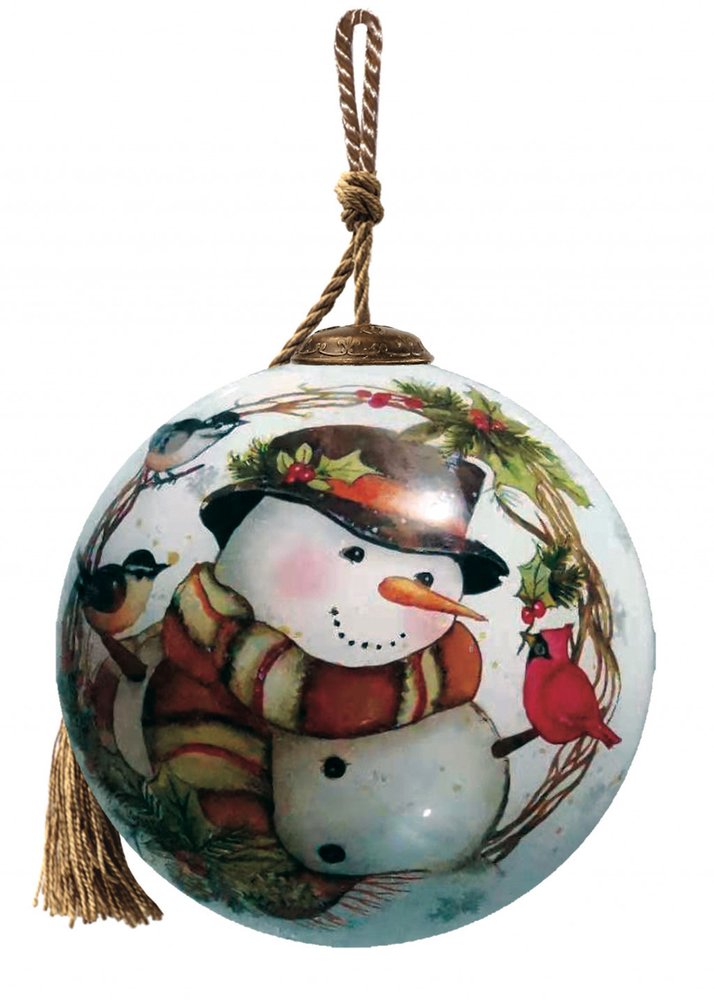 Winter Wreath Forest Snowman Hand Painted Mouth Blown Glass Ornament on a white background