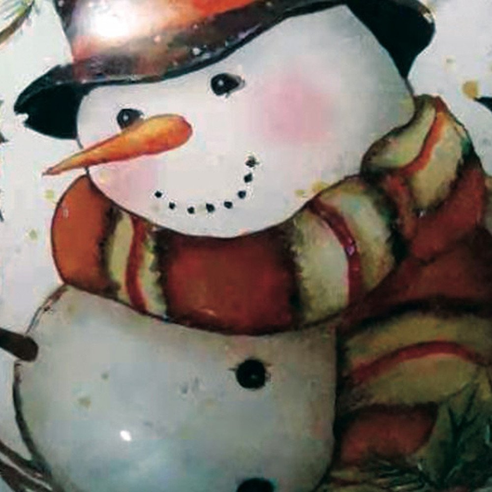 Winter Wreath Forest Snowman Hand Painted Mouth Blown Glass Ornament in a home interior