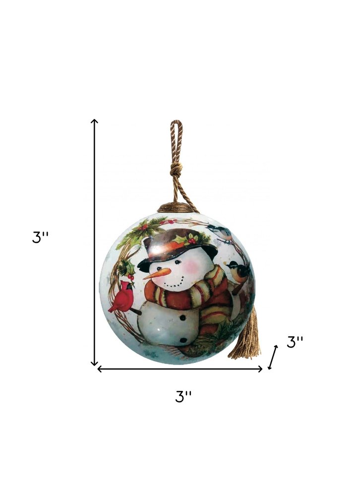 Winter Wreath Forest Snowman Hand Painted Mouth Blown Glass Ornament on a white background