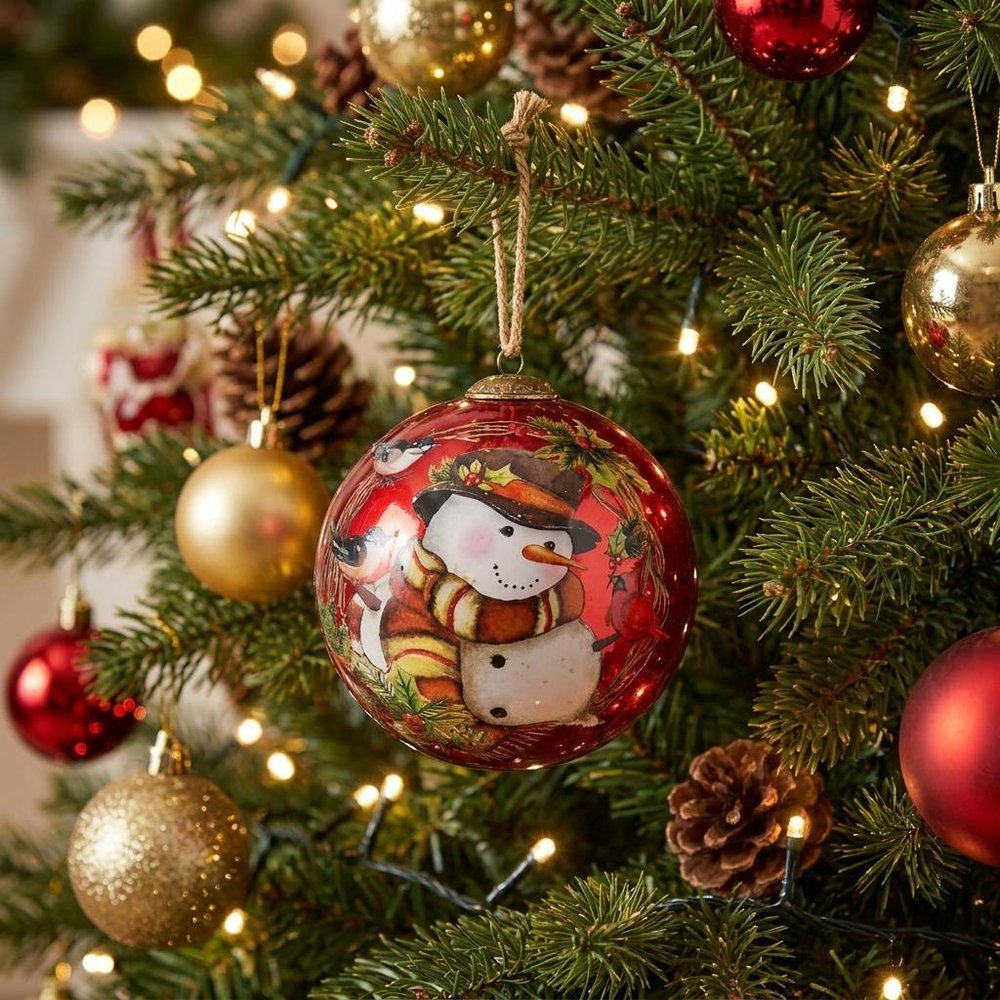 Winter Wreath Forest Snowman Hand Painted Mouth Blown Glass Ornament in a home interior