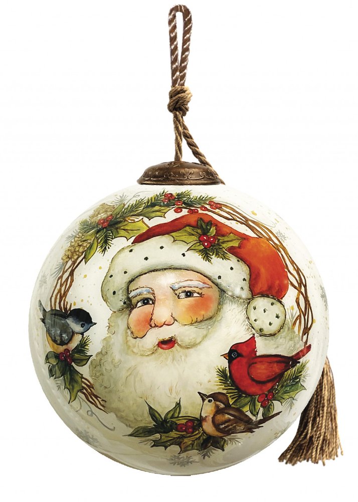 Hand-painted glass Christmas ornament featuring Santa Claus with birds and a winter wreath, with a hanging loop and tassel.