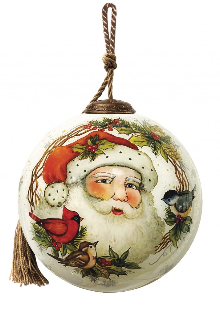 Winter Wreath Forest Santa Hand Painted Mouth Blown Glass Ornament on a white background