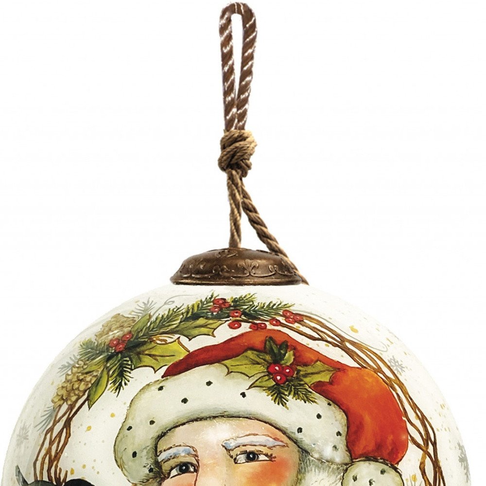 Winter Wreath Forest Santa Hand Painted Mouth Blown Glass Ornament on a white background