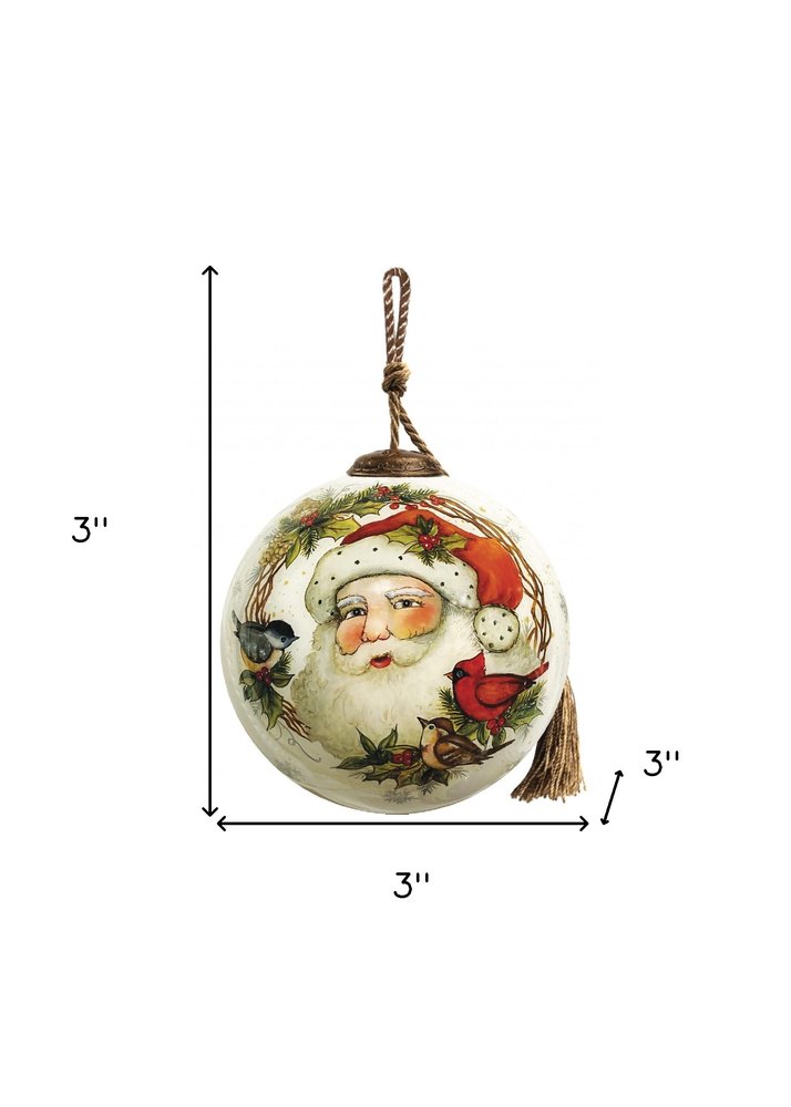 Winter Wreath Forest Santa Hand Painted Mouth Blown Glass Ornament on a white background
