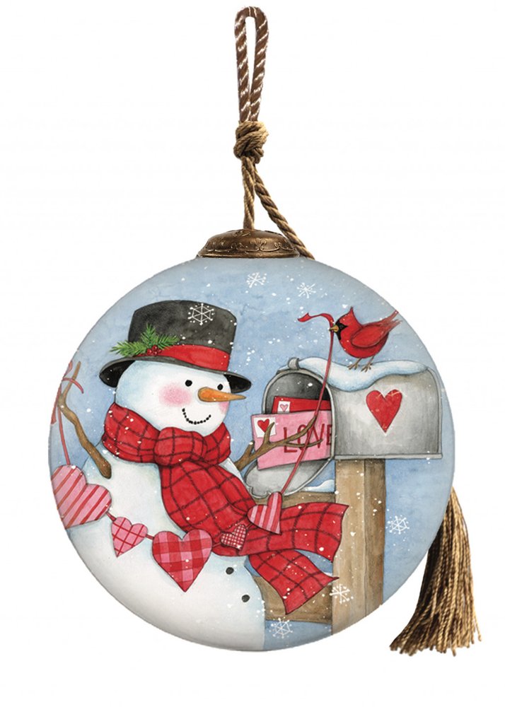 Hand-painted glass Christmas ornament featuring a snowman with a red scarf and hat, a mailbox with love letters, and a cardinal.